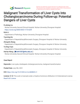 Malignant Transformation of Liver Cysts Into Cholangiocarcinoma During Follow-Up: Potential Dangers of Liver Cysts