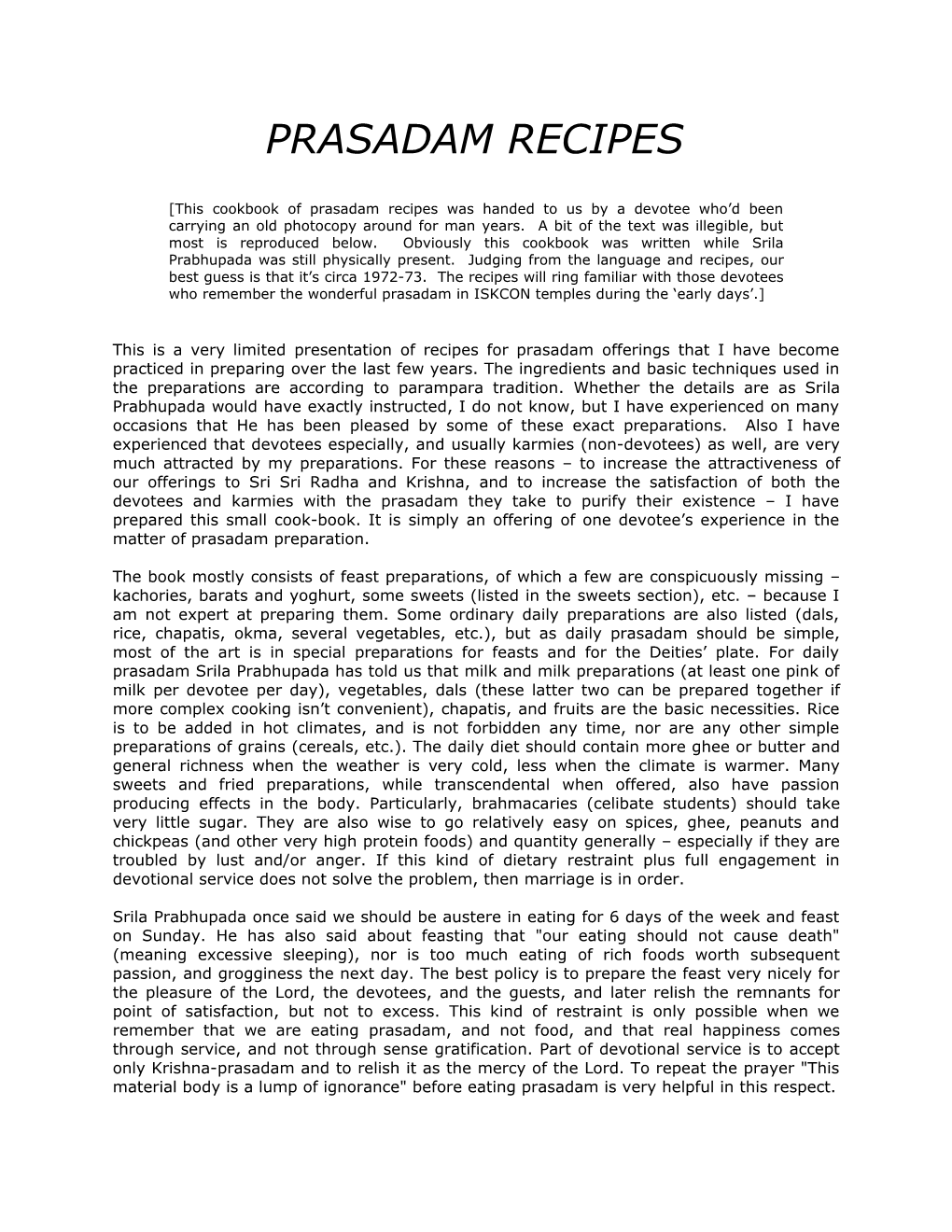 Prasadam Recipes