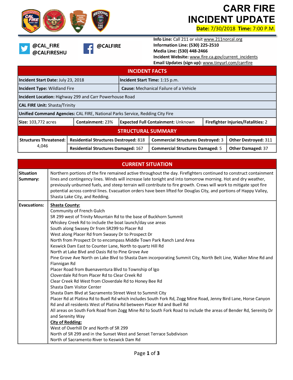 Carr Fire Incident Update