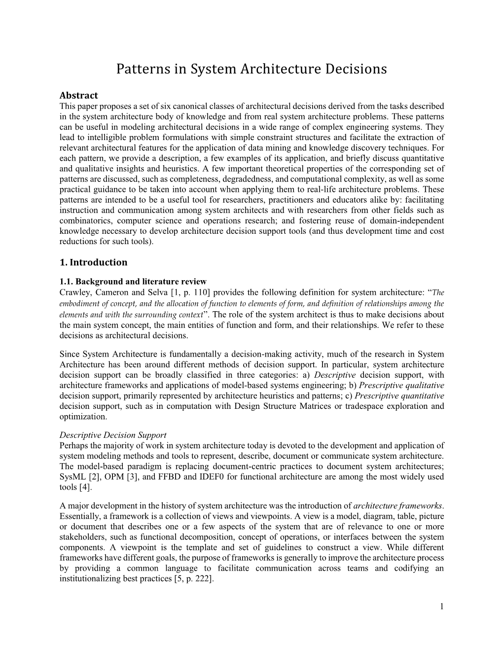 Patterns in System Architecture Decisions