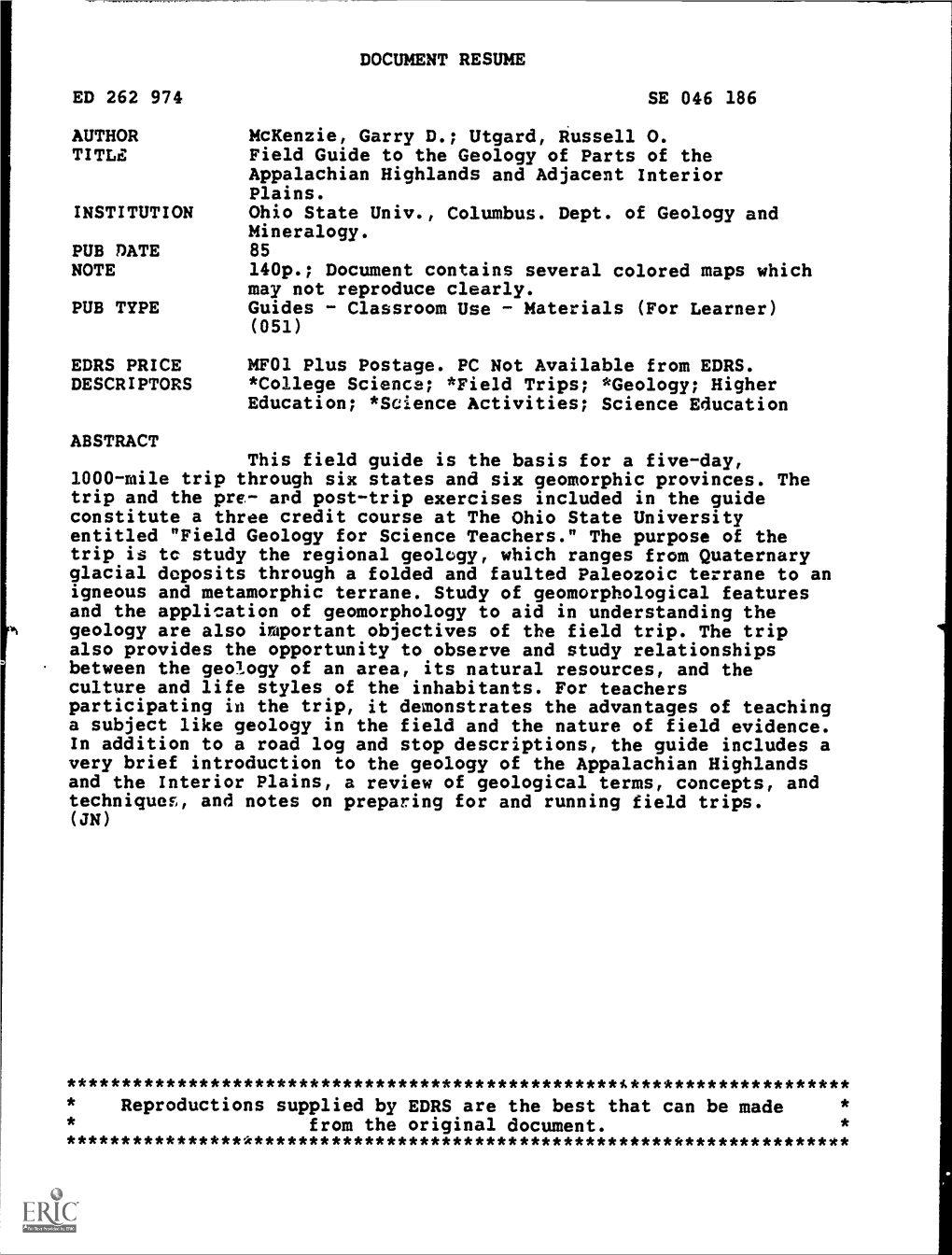 Field Guide to the Geology of Parts of the Appalachian Highlands and Adjacent Interior Plains