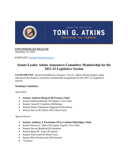 Senate Leader Atkins Announces Committee Membership for the 2021-22 Legislative Session
