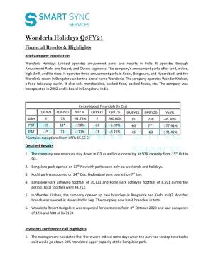 Wonderla Holidays Q3FY21 Financial Results & Highlights