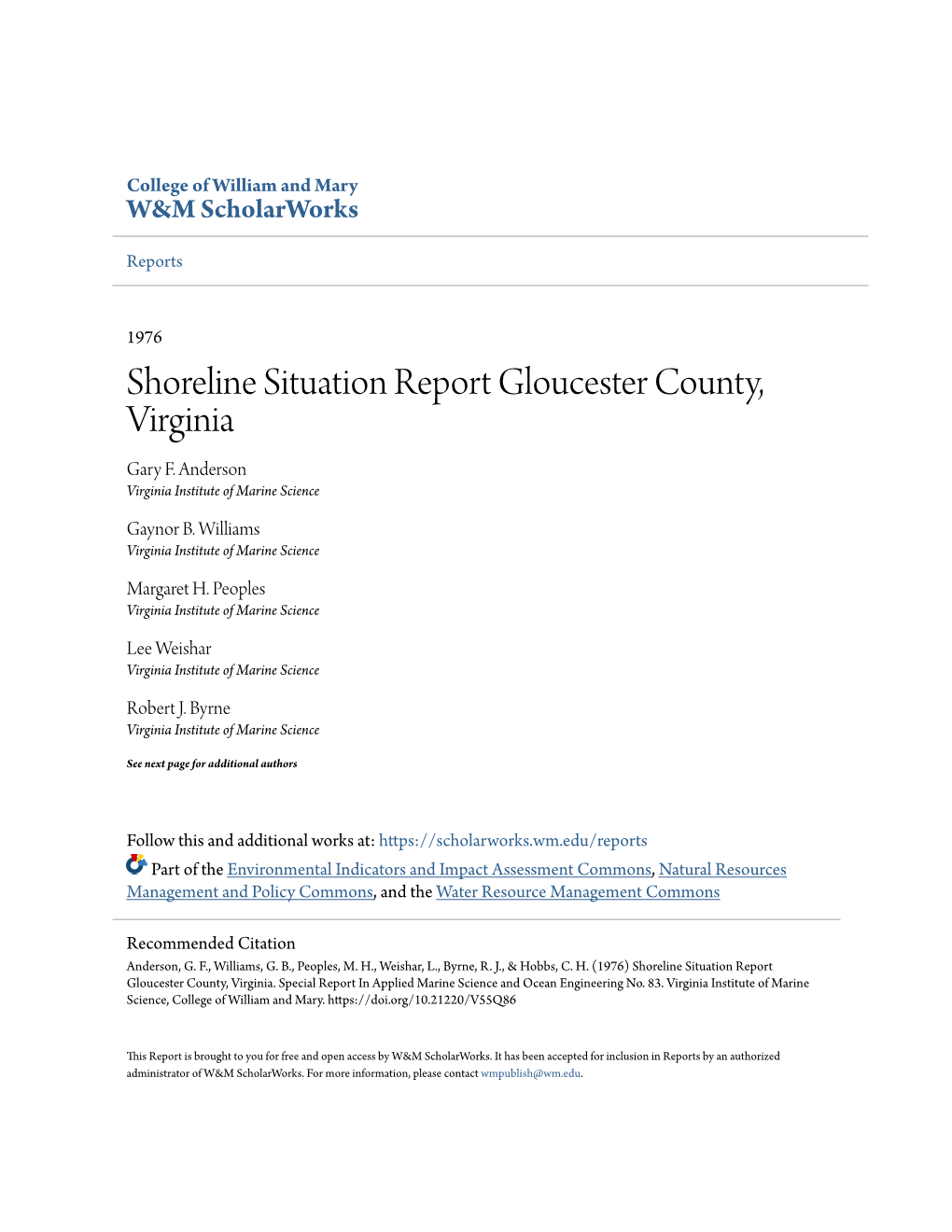 Shoreline Situation Report Gloucester County, Virginia Gary F