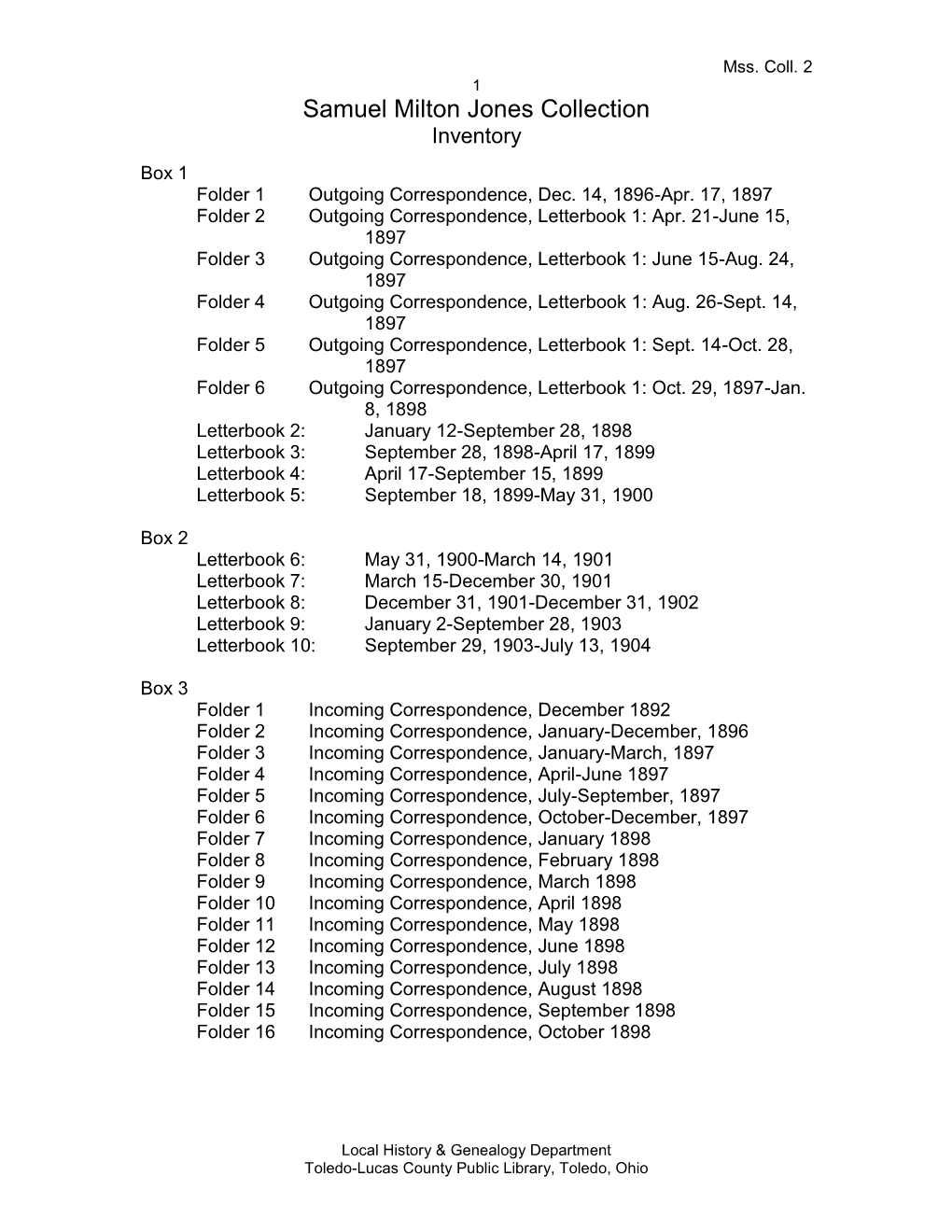 Samuel Milton Jones Collection Inventory