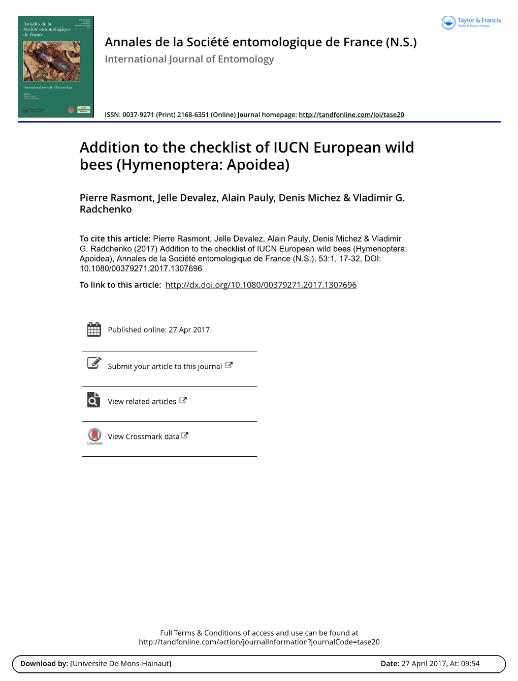 Addition to the Checklist of IUCN European Wild Bees (Hymenoptera: Apoidea)