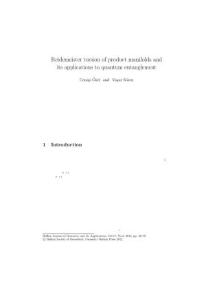 Reidemeister Torsion of Product Manifolds and Its Applications to Quantum Entanglement