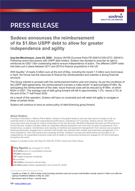 Sodexo Announces the Reimbursement of Its $1.6Bn USPP Debt to Allow for Greater Independence and Agility
