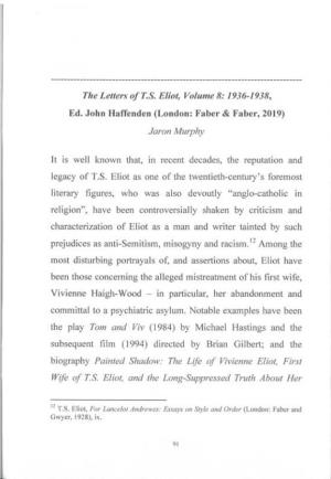 T the Letters of T.S. Eliot, Volume 8: 1936-1938, Ed. John Haffenden