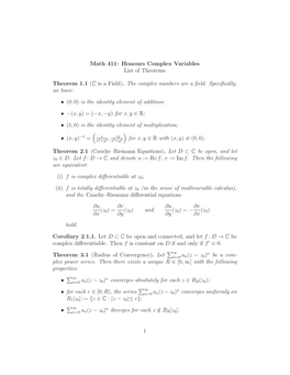 Math 411: Honours Complex Variables List of Theorems