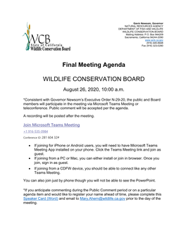 Final Agenda for August 26 WCB Board Meeting