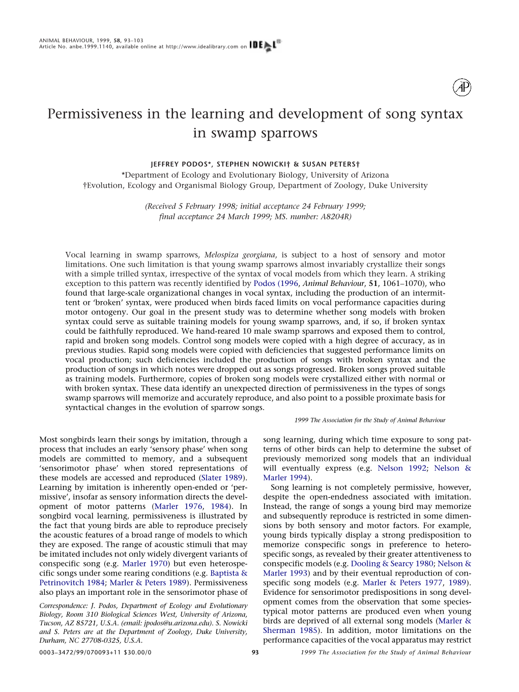 Permissiveness in the Learning and Development of Song Syntax in Swamp Sparrows