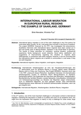 International Labour Migration in European Rural Regions - the Example of Saarland, Germany