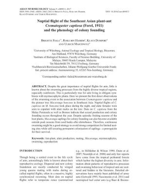 Nuptial Flight of the Southeast Asian Plant-Ant Crematogaster Captiosa (Forel, 1911) and the Phenology of Colony Founding
