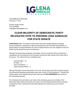 Clear Majority of Democratic Party Delegates Vote to Endorse Lena Gonzalez for State Senate
