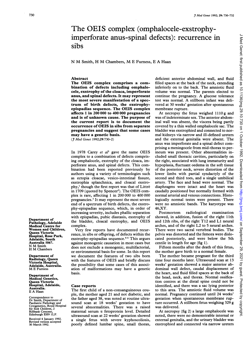 The OEIS Complex (Omphalocele-Exstrophy- J Med Genet: First Published As 10.1136/Jmg.29.10.730 on 1 October 1992