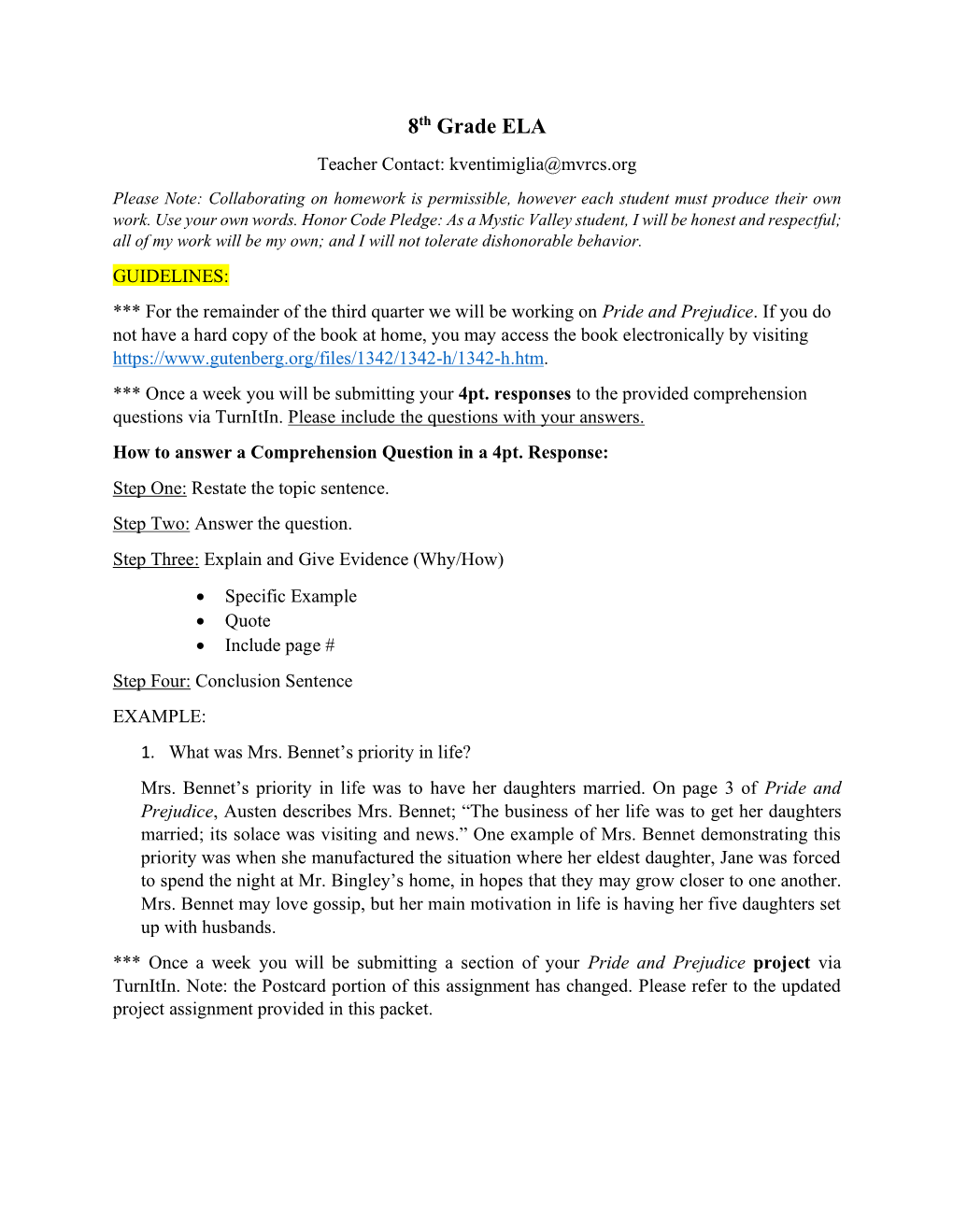 8Th Grade ELA Teacher Contact: Kventimiglia@Mvrcs.Org Please Note: Collaborating on Homework Is Permissible, However Each Student Must Produce Their Own Work