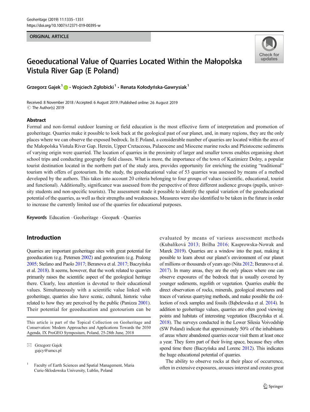 Geoeducational Value of Quarries Located Within the Małopolska Vistula River Gap (E Poland)