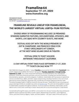 Frameline Reveals Lineup for Frameline44, the World's Largest Virtual Lgbtq+ Film Festival