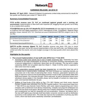 Q4 2018-19 Summary Consolidated Financials Highlights for the Quarter