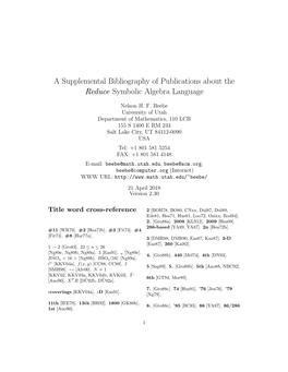 A Supplemental Bibliography of Publications About the Reduce Symbolic Algebra Language