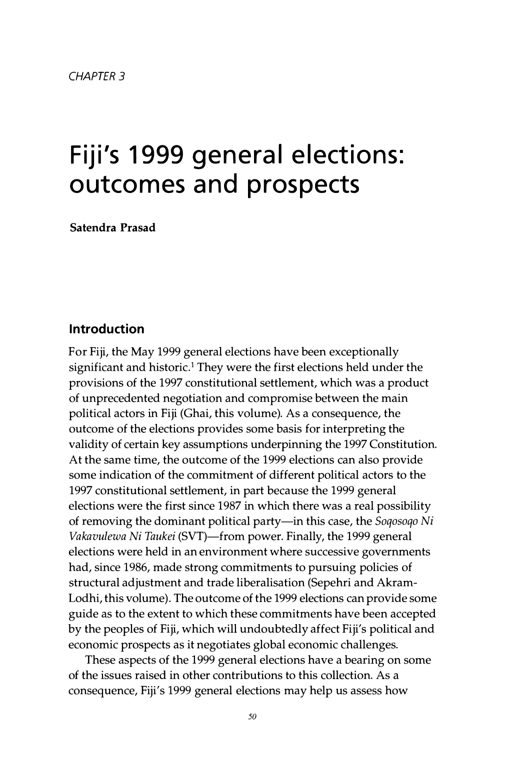 Fiji's 1999 General Elections: Outcomes and Prospects