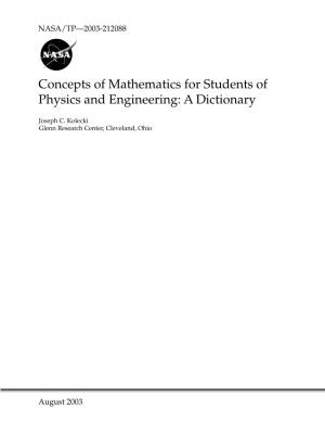 Concepts of Mathematics for Students of Physics and Engineering: a Dictionary