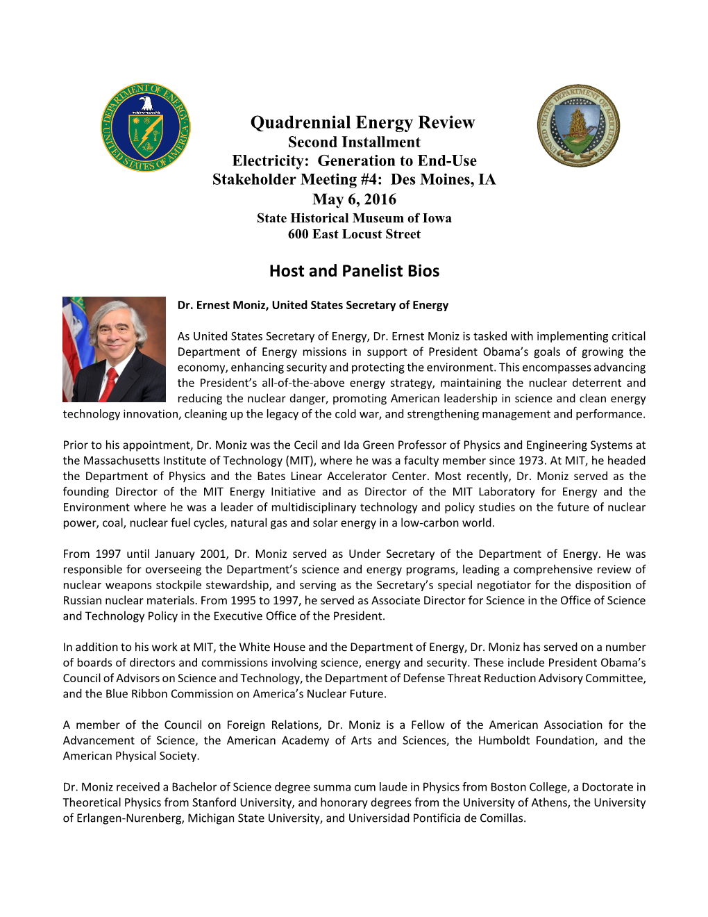 Quadrennial Energy Review Host and Panelist Bios