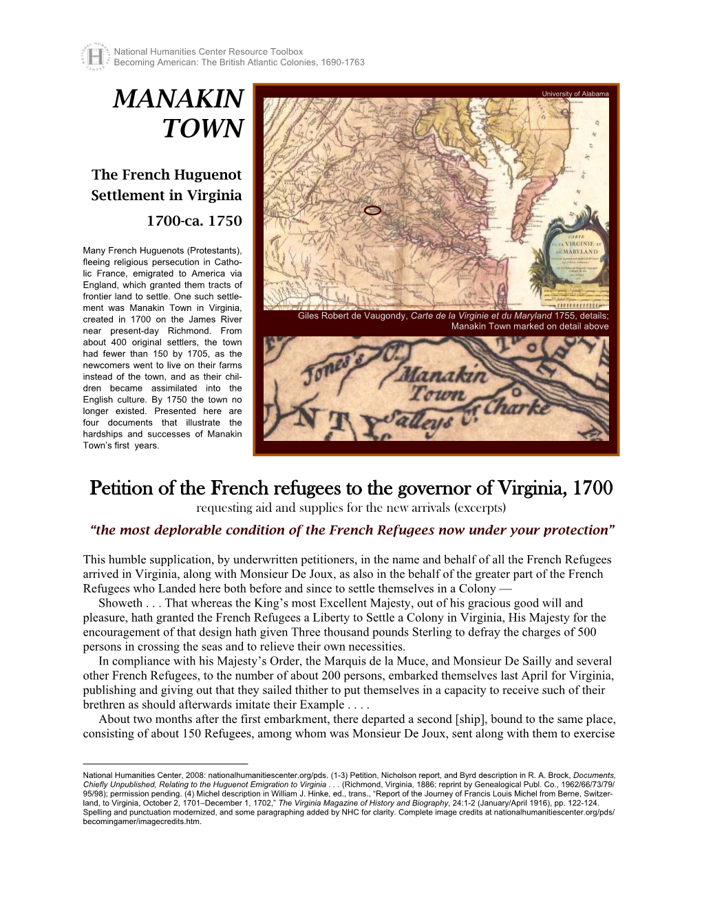 MANAKIN TOWN: the French Huguenot Settlement in Virginia, 1700-Ca. 1750