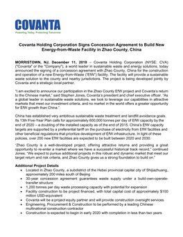 Covanta Holding Corporation Signs Concession Agreement to Build New Energy-From-Waste Facility in Zhao County, China