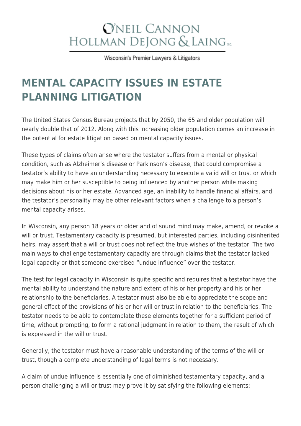 Mental Capacity Issues in Estate Planning Litigation