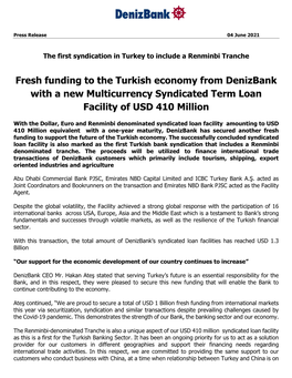 Fresh Funding to the Turkish Economy from Denizbank with a New Multicurrency Syndicated Term Loan Facility of USD 410 Million