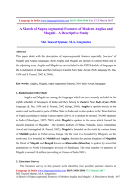 A Sketch of Supra-Segmental Features of Modern Angika and Magahi - a Descriptive Study