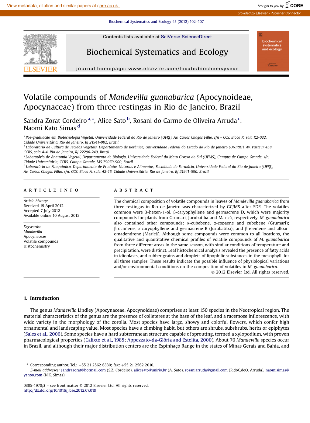 Volatile Compounds of Mandevilla Guanabarica (Apocynoideae, Apocynaceae) from Three Restingas in Rio De Janeiro, Brazil