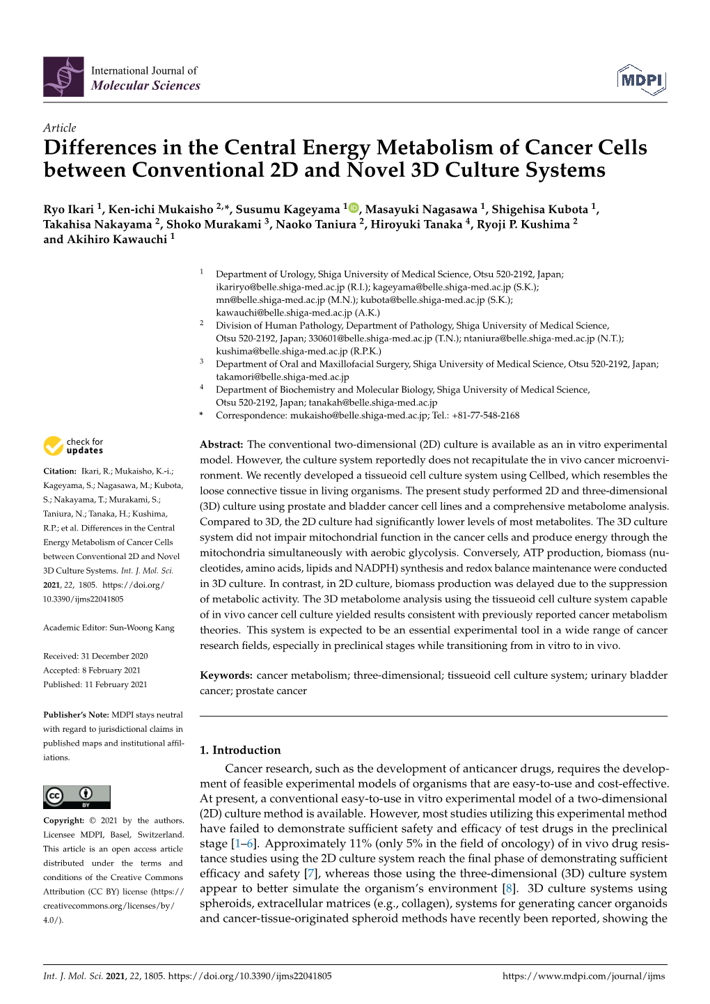 Differences in the Central Energy Metabolism of Cancer Cells Between Conventional 2D and Novel 3D Culture Systems