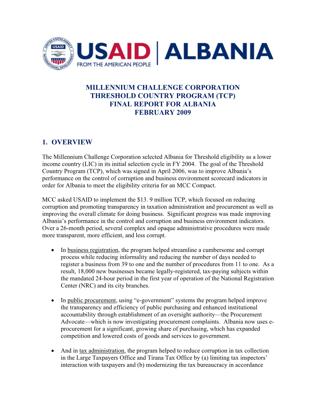 (Tcp) Final Report for Albania February 2009