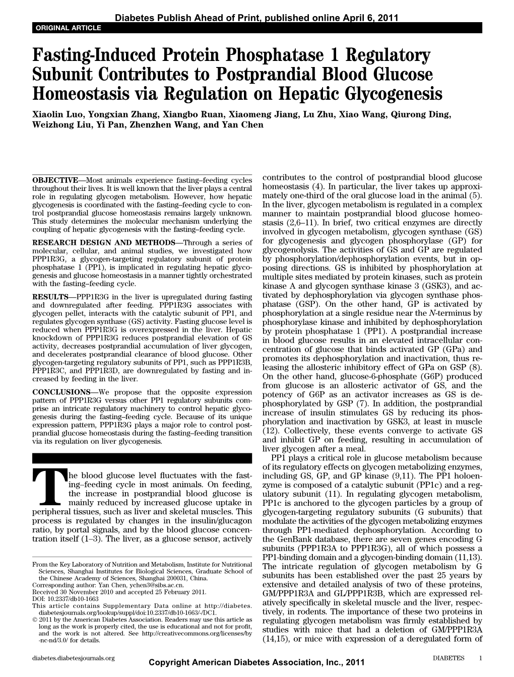 Fasting-Induced Protein Phosphatase 1 Regulatory Subunit Contributes to Postprandial Blood Glucose Homeostasis Via Regulation On