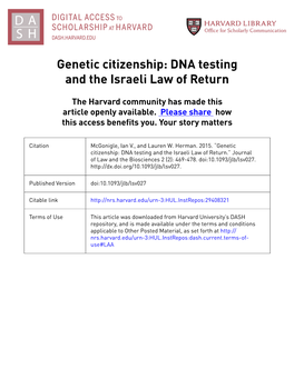Genetic Citizenship: DNA Testing and the Israeli Law of Return
