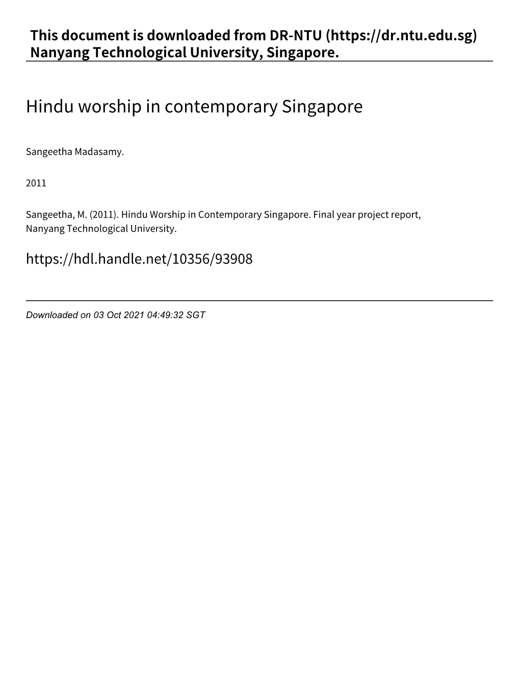 Hindu Worship in Contemporary Singapore