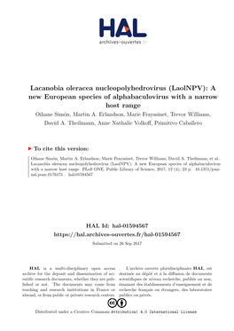 Lacanobia Oleracea Nucleopolyhedrovirus (Laolnpv): a New European Species of Alphabaculovirus with a Narrow Host Range Oihane Simón, Martin A