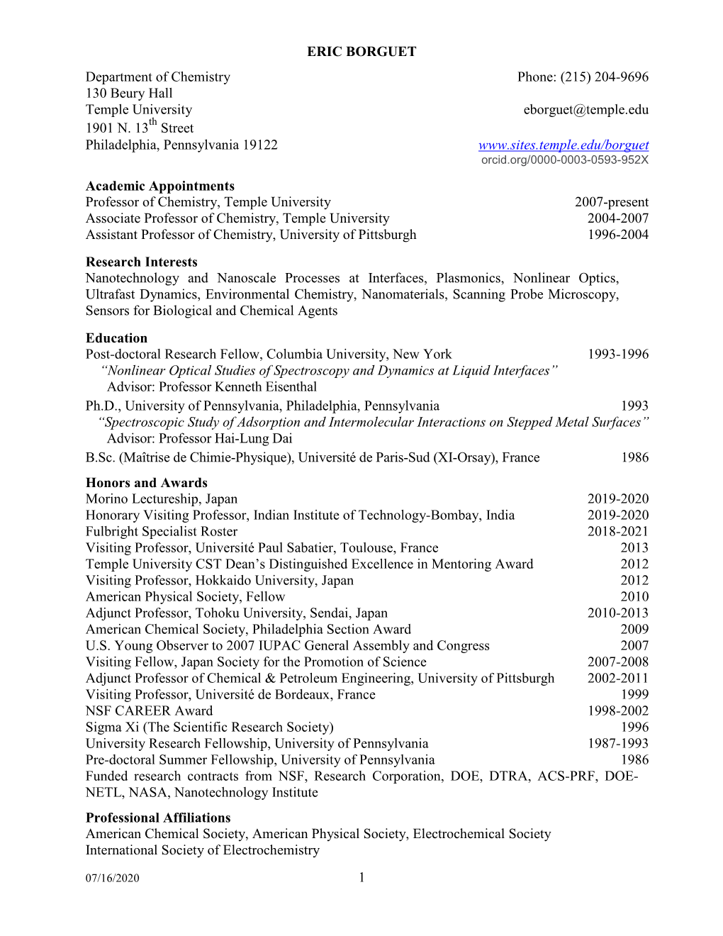 ERIC BORGUET Department of Chemistry Phone: (215) 204-9696 130 Beury Hall Temple University Eborguet@Temple.Edu 1901 N