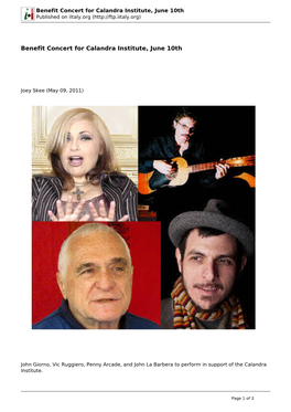 Benefit Concert for Calandra Institute, June 10Th Published on Iitaly.Org (