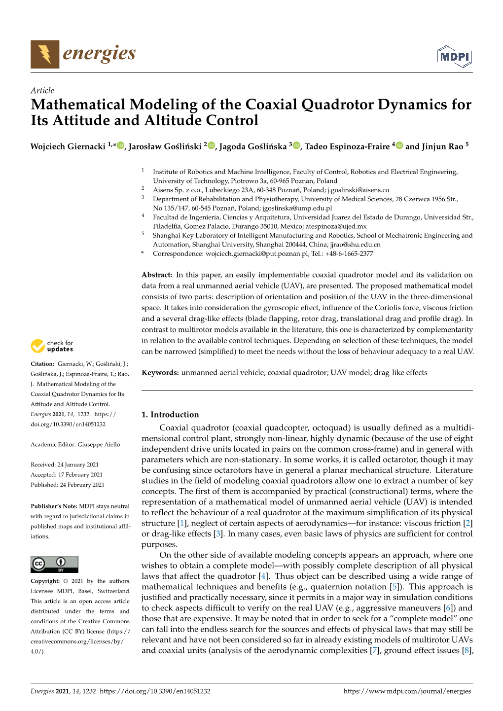 Mathematical Modeling of the Coaxial Quadrotor Dynamics for Its Attitude and Altitude Control