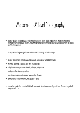 Welcome to A' Level Photography
