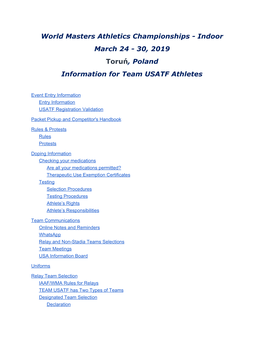 World Masters Athletics Championships - Indoor March 24 - 30, 2019 Toruń, Poland ​ Information for Team USATF Athletes