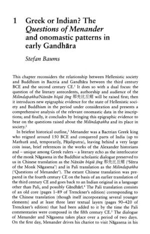Greek Or Indian? the Questions of Menander and Onomastic Patterns in Early Gandhāra