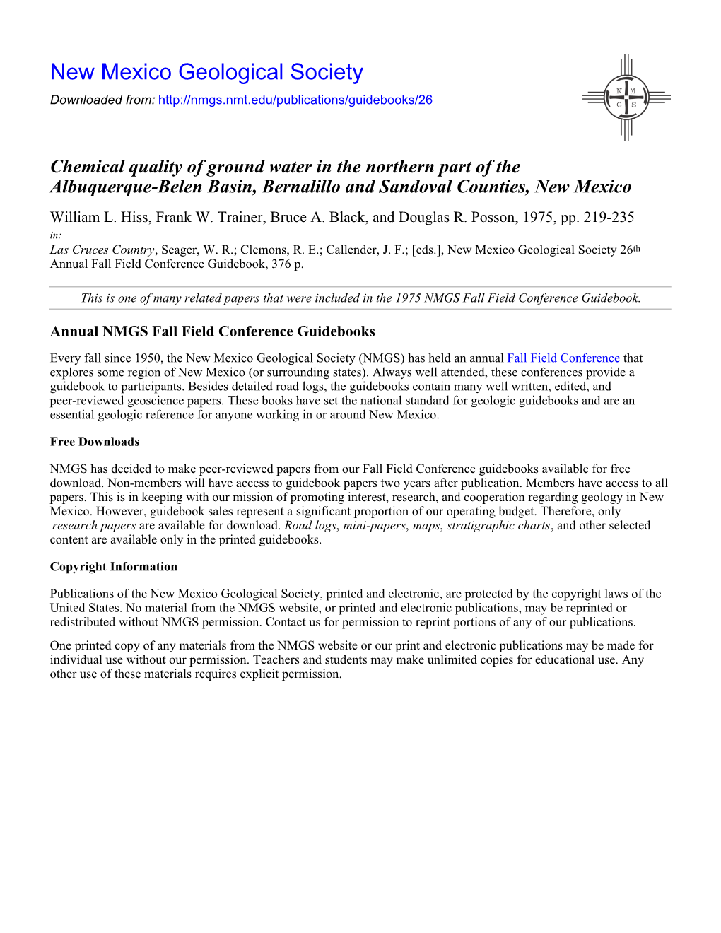 Chemical Quality of Ground Water in the Northern Part of the Albuquerque-Belen Basin, Bernalillo and Sandoval Counties, New Mexico William L