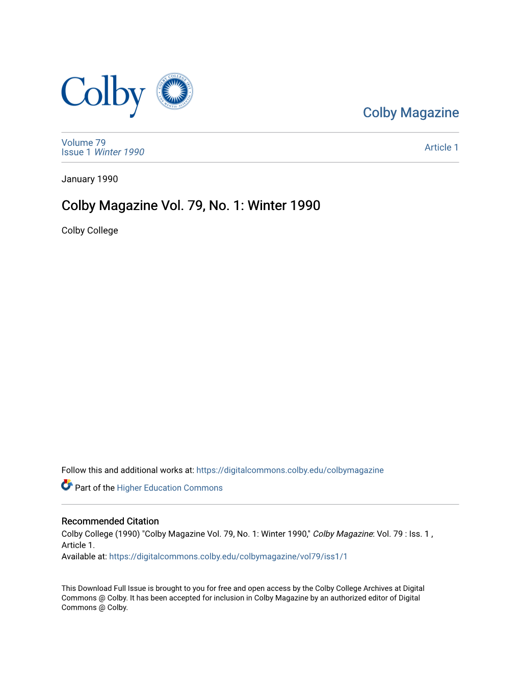 Colby Magazine Vol. 79, No. 1: Winter 1990