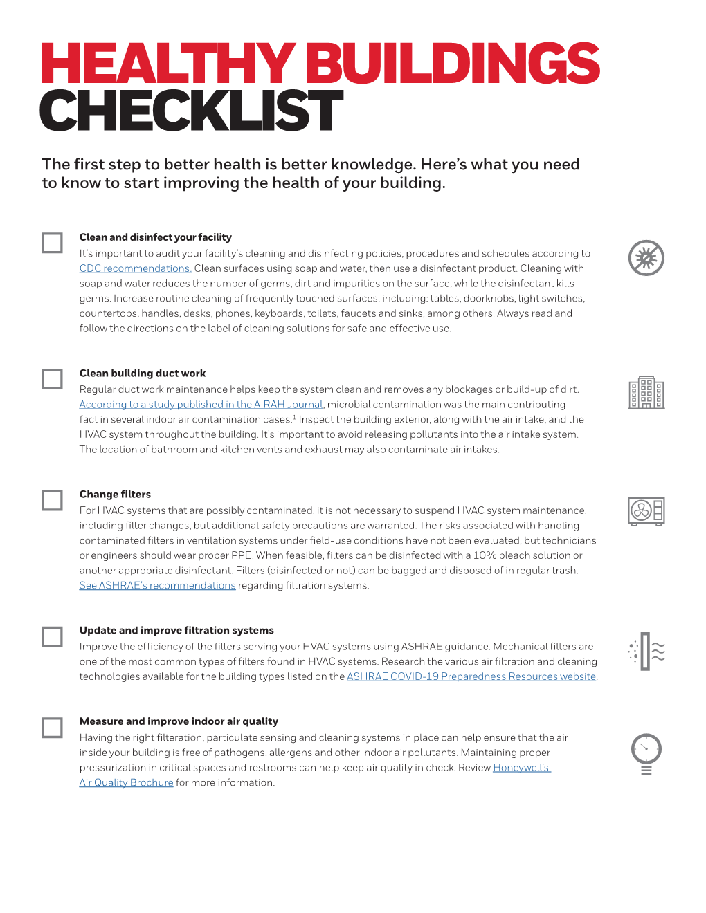 HEALTHY BUILDINGS CHECKLIST the First Step to Better Health Is Better Knowledge