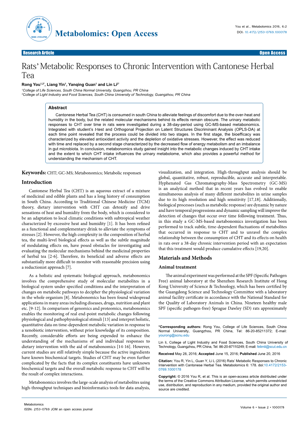 Rats' Metabolic Responses to Chronic Intervention with Cantonese Herbal